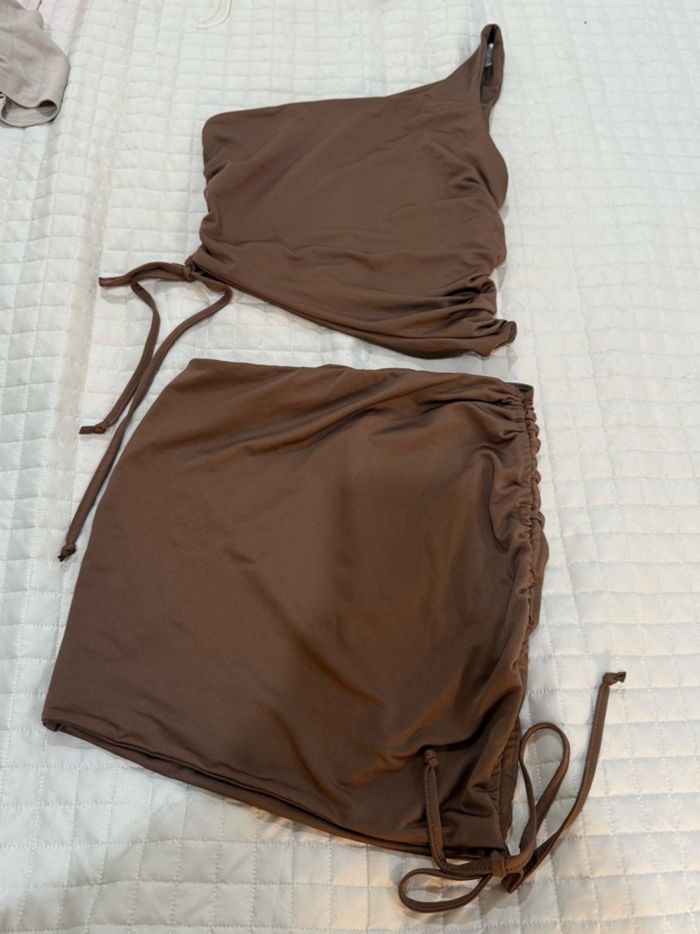 SHEIN Brown One-Shoulder Crop Top & Drawstring Skirt Set